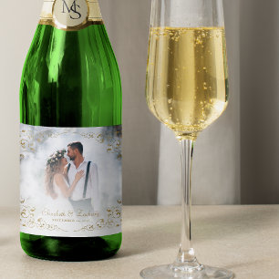 Étiquettes Pour Bouteilles De Vin Mousseux Cadre de photo de mariage élégant vintage or botan