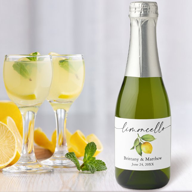 Étiquettes Pour Bouteilles De Vin Mousseux Calligraphie encre Limoncello Aquarelle Citron Min (Customize to change your personalized text size or text style.)