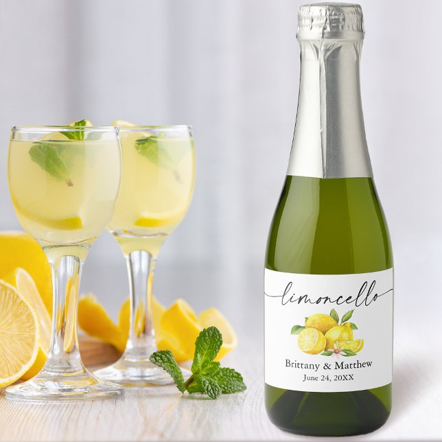 Étiquettes Pour Bouteilles De Vin Mousseux Calligraphie Encre Limoncello Aquarelle Citrons Mi (Customize to change your personalized text size or text style.)