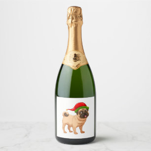 Étiquettes Pour Bouteilles De Vin Mousseux Carlin mignon dans un Casquette elfe de Noël