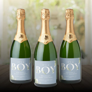 Étiquettes Pour Bouteilles De Vin Mousseux C'est un garçon Lettre de verdure Bleu poussiéreux