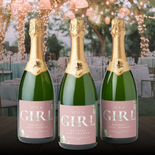 Étiquettes Pour Bouteilles De Vin Mousseux C'est une fille Baby Shower avec feuillage Dusty R