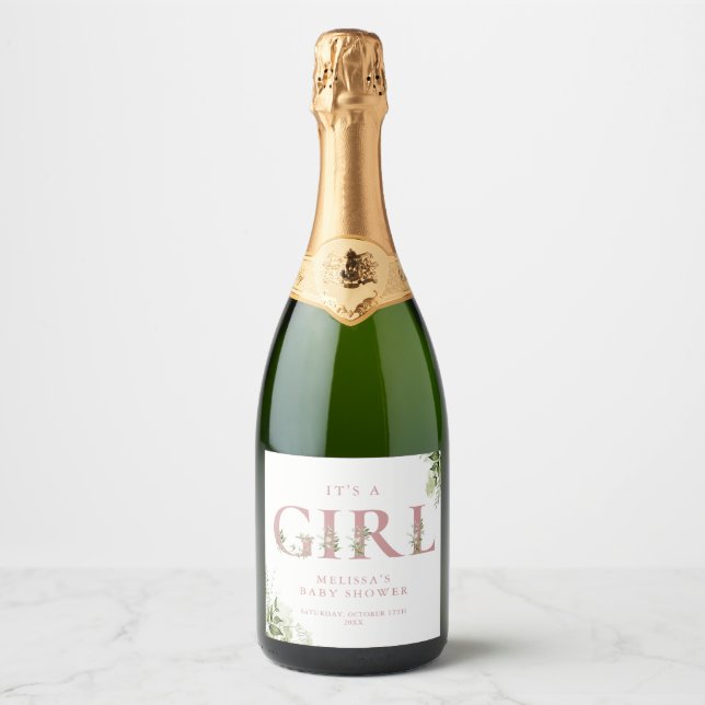 Étiquettes Pour Bouteilles De Vin Mousseux C'est une fille Dusty Rose Baby shower de la lettr (Devant)