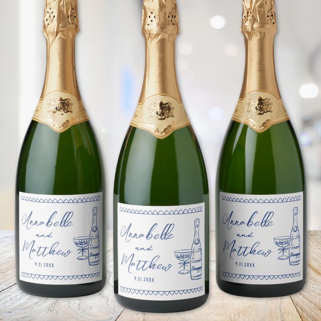 Étiquettes Pour Bouteilles De Vin Mousseux Champagne Bleu Mariage Dessiné à la Main (Blue Champagne Hand Drawn Wedding Sparkling Wine Label )