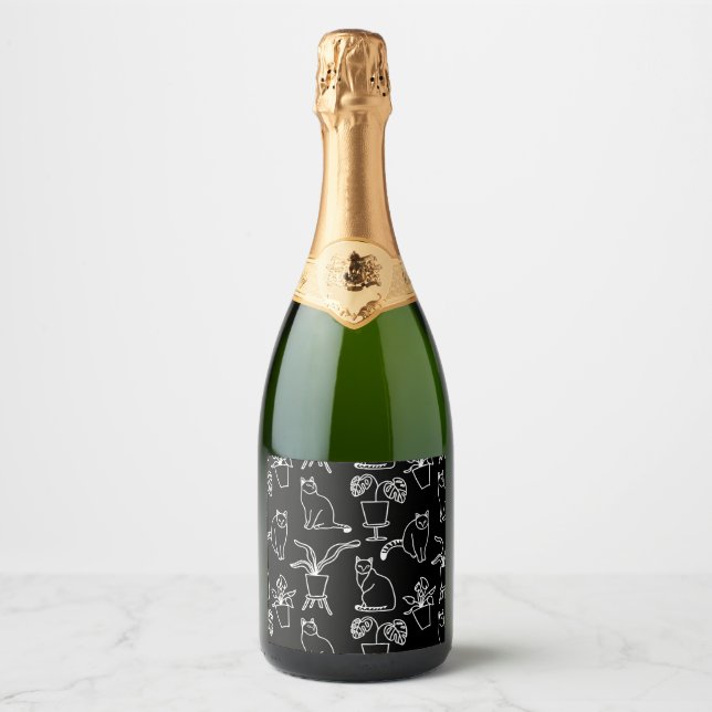 Étiquettes Pour Bouteilles De Vin Mousseux Chats blancs en noir (Devant)