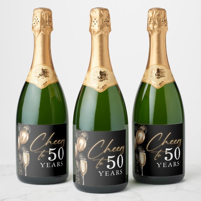 Étiquettes Pour Bouteilles De Vin Mousseux Cheers To 50 Years Black and Gold Balloons (Bouteilles)