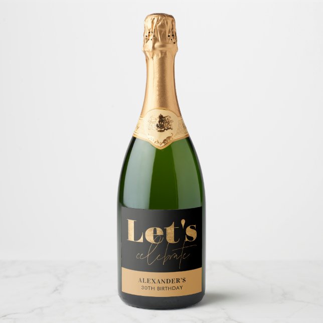 Étiquettes Pour Bouteilles De Vin Mousseux Chic Black Gold Fêtons l'anniversaire (Devant)