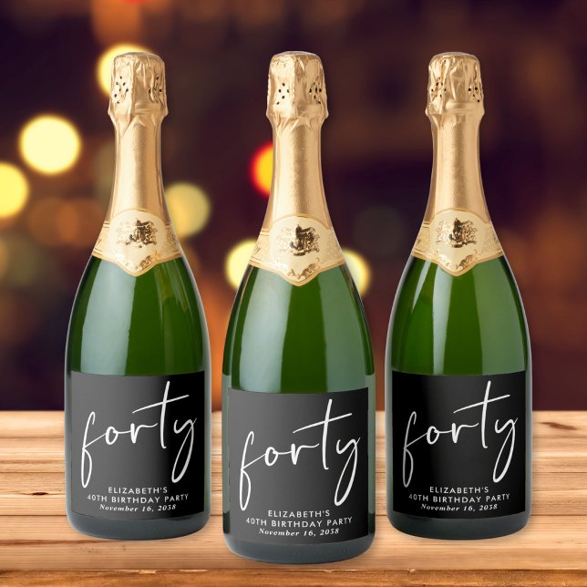 Étiquettes Pour Bouteilles De Vin Mousseux Chic Black White 40e fête d'anniversaire (Créateur téléchargé)
