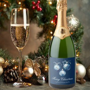 Étiquettes Pour Bouteilles De Vin Mousseux Chic Bleu Joyeux ornements de Noël Customisés