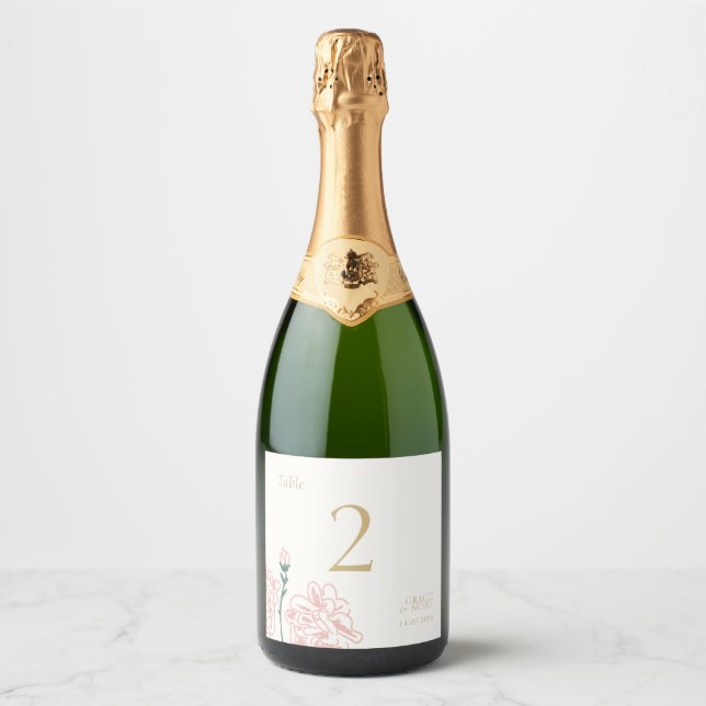 Étiquettes Pour Bouteilles De Vin Mousseux Chic Pastel Mariage Rose Numéro de table (Devant)