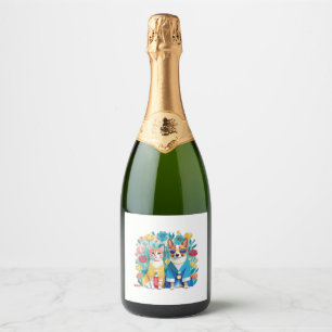 Étiquettes Pour Bouteilles De Vin Mousseux Chien mignon et chat jeunes mariés portant le hanb