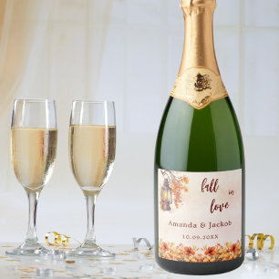 Étiquettes Pour Bouteilles De Vin Mousseux Chute amour fleurs orange feuille mariage