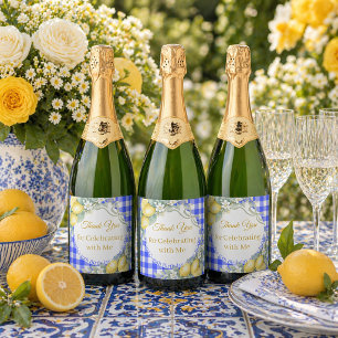 Étiquettes Pour Bouteilles De Vin Mousseux Citrons bleu gingham nœud Italien Merci Anniversai