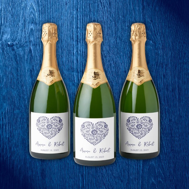 Étiquettes Pour Bouteilles De Vin Mousseux Coeur Talavera bleu (Créateur téléchargé)
