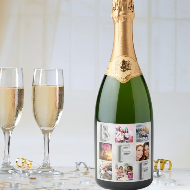 Étiquettes Pour Bouteilles De Vin Mousseux Collage photo argenté métallisé amies BFF (Créateur téléchargé)