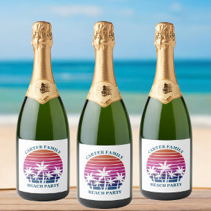 Étiquettes Pour Bouteilles De Vin Mousseux Coucher de soleil tropical Pink Palm Tree Beach Pa