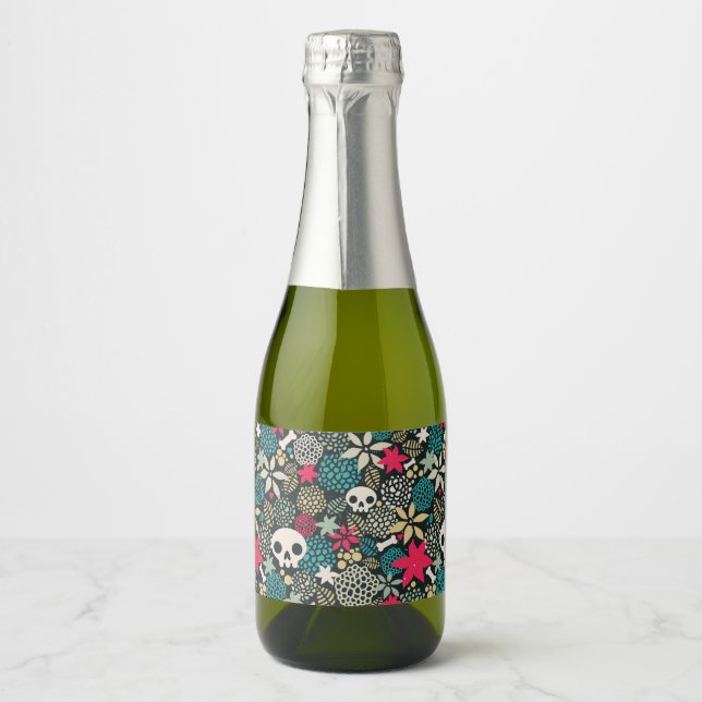 Étiquettes Pour Bouteilles De Vin Mousseux Crâne en fleurs (Devant)