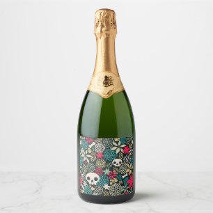 Étiquettes Pour Bouteilles De Vin Mousseux Crâne en fleurs
