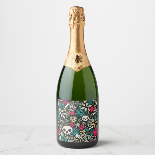 Étiquettes Pour Bouteilles De Vin Mousseux Crâne en fleurs (Devant)