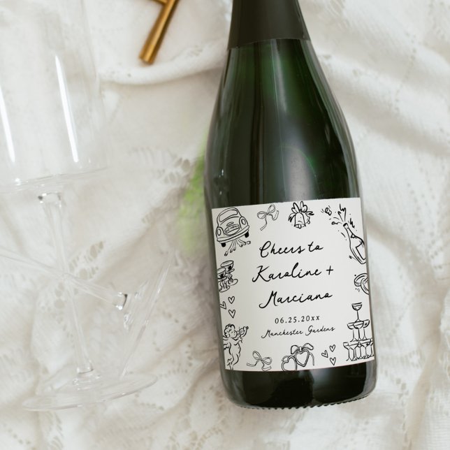 Étiquettes Pour Bouteilles De Vin Mousseux Doodles Mariages dessinés à la main (Créateur téléchargé)