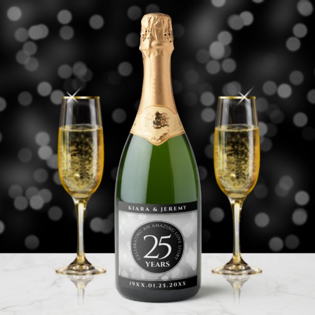 Étiquettes Pour Bouteilles De Vin Mousseux Élégant 25e anniversaire de Mariage d'argent (Créateur téléchargé)