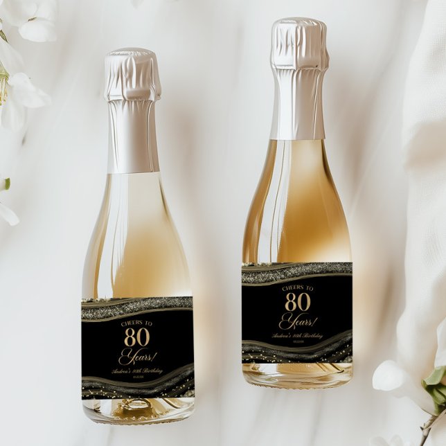 Étiquettes Pour Bouteilles De Vin Mousseux Elegant Black Gold Agate 80th Birthday Party (Créateur téléchargé)