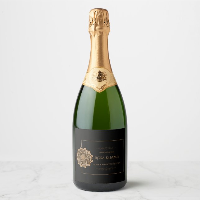 Étiquettes Pour Bouteilles De Vin Mousseux Elegant Black & Gold Wedding – Personalized (Devant)