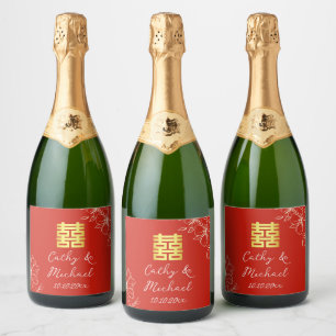 Étiquettes Pour Bouteilles De Vin Mousseux Élégant chinois moderne script floral mariage roug