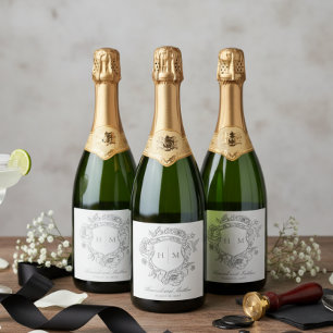 Étiquettes Pour Bouteilles De Vin Mousseux Élégant Chinoiserie Grise Oiseau Crête Mariage