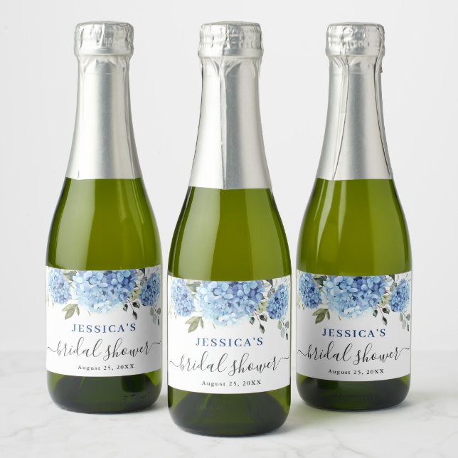 Étiquettes Pour Bouteilles De Vin Mousseux Élégant Eucalyptus Bleu Hydrangea Baby Shower (Bouteilles)