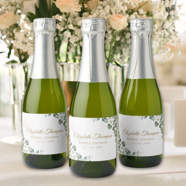 Étiquettes Pour Bouteilles De Vin Mousseux Elegant Eucalyptus Greenery Bridal Shower (Créateur téléchargé)