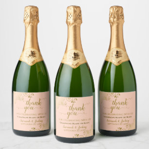 Étiquettes Pour Bouteilles De Vin Mousseux Elégant Gold Frills Coral Peach Mariage Merci