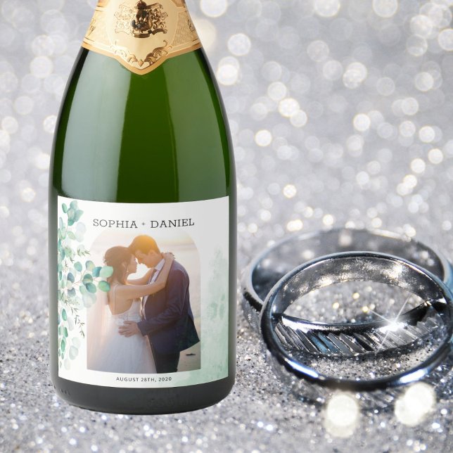 Étiquettes Pour Bouteilles De Vin Mousseux Élégant Mariage photo Feuille Eucalyptus Botanique (Créateur téléchargé)