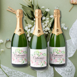 Étiquettes Pour Bouteilles De Vin Mousseux Élégant Shower de Mariage Aquarelle Rose Magnolia