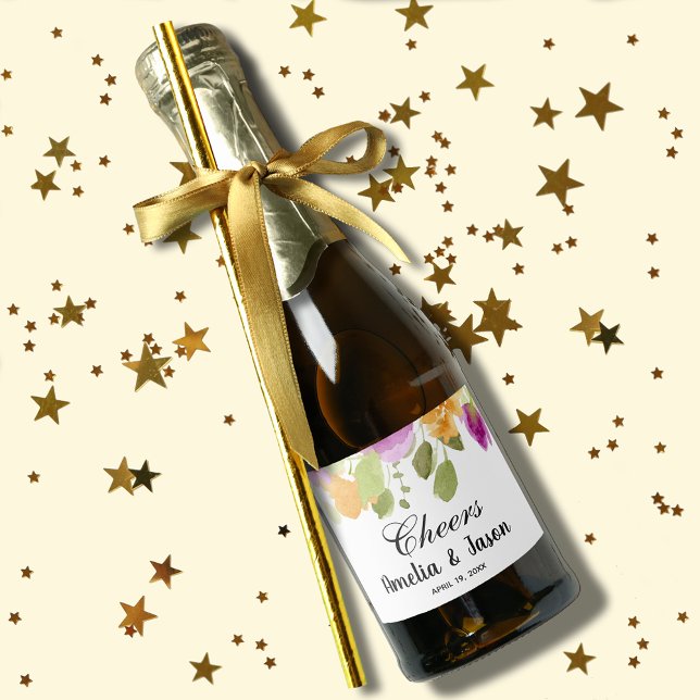 Étiquettes Pour Bouteilles De Vin Mousseux Élégant violet d'aquarelle florale Mini (Chic purple and yellow watercolor floral mini champagne bottle label for favors or serve to guests)