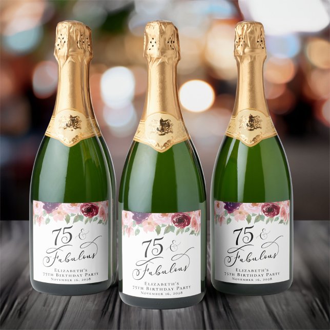 Étiquettes Pour Bouteilles De Vin Mousseux Elégante aquarelle florale 75ème anniversaire (Créateur téléchargé)