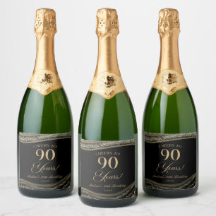 Étiquettes Pour Bouteilles De Vin Mousseux Élégante Fête d'anniversaire 90 ans en Agate Noir 