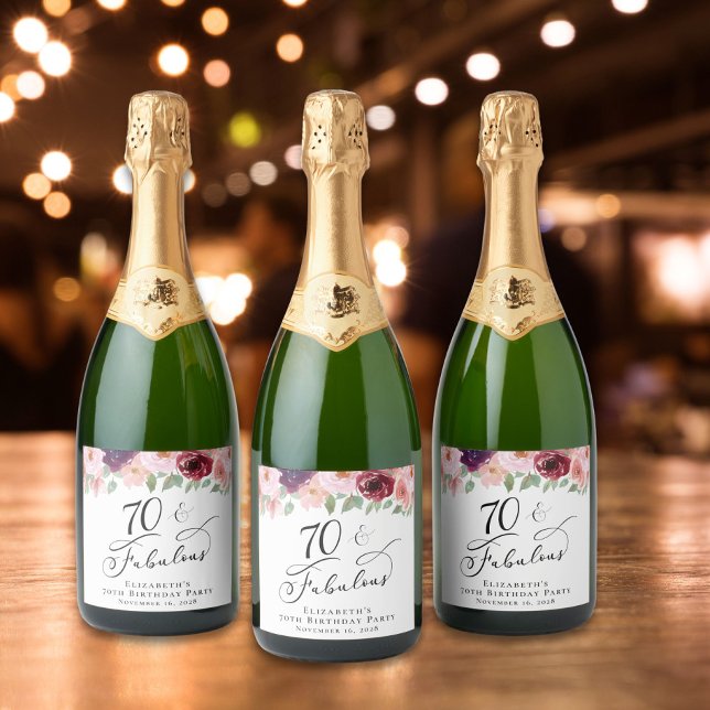 Étiquettes Pour Bouteilles De Vin Mousseux Elégante fête florale 70e anniversaire (Créateur téléchargé)