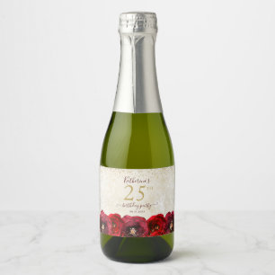 Étiquettes Pour Bouteilles De Vin Mousseux Élégante Rose rouge Floral Gold 25e fête d'anniver