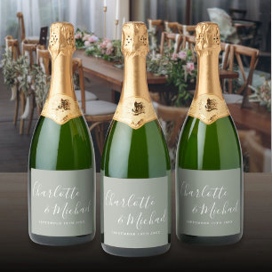 Étiquettes Pour Bouteilles De Vin Mousseux Élégante signature de mariage vert sauge écriture