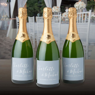 Étiquettes Pour Bouteilles De Vin Mousseux Élégante Signature Script Mariage Bleu Poussiéreux