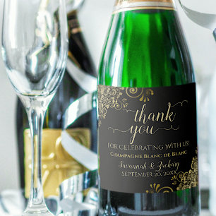Étiquettes Pour Bouteilles De Vin Mousseux Élégantes frites d'or sur Merci Mariage noir
