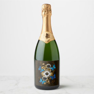 Étiquettes Pour Bouteilles De Vin Mousseux Engrenages à vapeur et papillons bleus