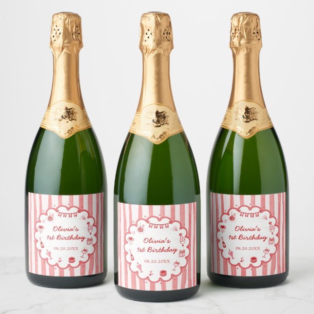 Étiquettes Pour Bouteilles De Vin Mousseux Fête d'anniversaire à rayures rouges dessinées à l (Bouteilles)