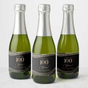 Étiquettes Pour Bouteilles De Vin Mousseux Fête d'anniversaire de 100 ans en Agate Noire Élég