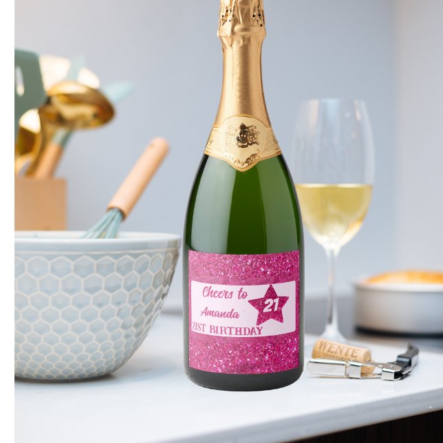 Étiquettes Pour Bouteilles De Vin Mousseux Fête d'anniversaire Parties scintillant rose femme (Créateur téléchargé)