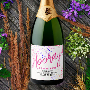 Étiquettes Pour Bouteilles De Vin Mousseux Fête de fin d'études avec confettis blancs cool