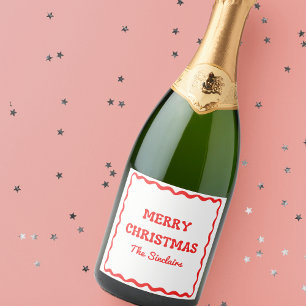 Étiquettes Pour Bouteilles De Vin Mousseux Fête de Noël rouge moderne Wavy Border