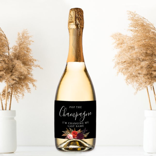 Étiquettes Pour Bouteilles De Vin Mousseux Fête des mariées florale du Boho noir (Créateur téléchargé)
