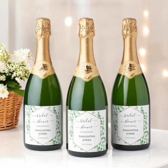Étiquettes Pour Bouteilles De Vin Mousseux Fête des mariées Vert Eucalyptus Blanc (Créateur téléchargé)